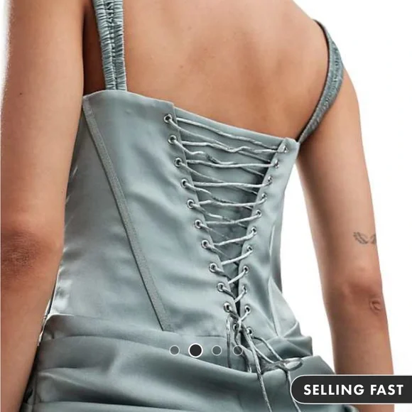 ASOS DESIGN corset detail draped satin maxi dress with lace up back in sea green - Picture 4 of 4